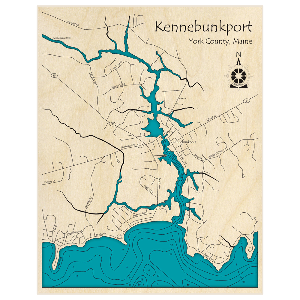 Bathymetric topo map of Kennebunk River at Kennebunkport with roads, towns and depths noted in blue water