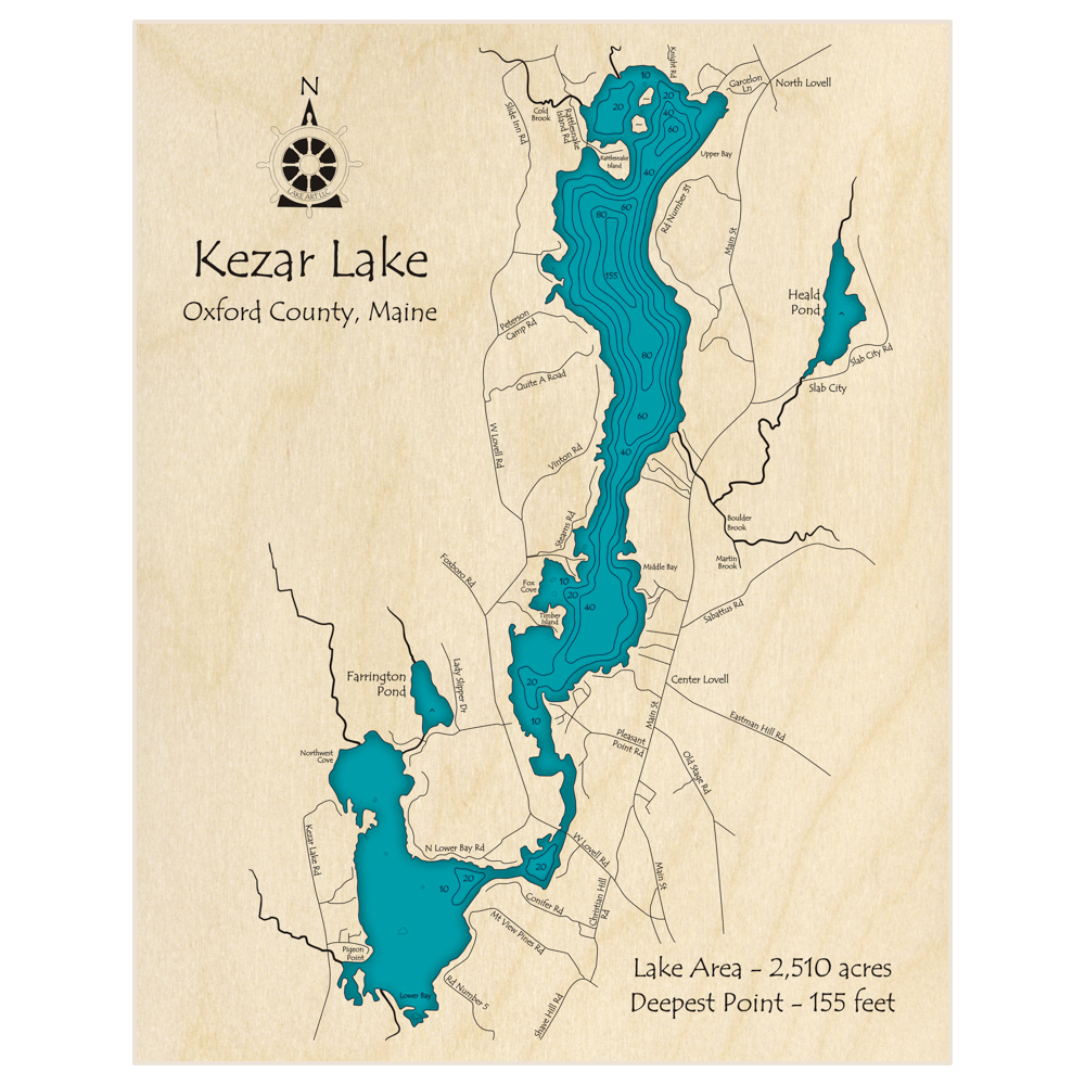 Bathymetric topo map of Kezar Lake with roads, towns and depths noted in blue water