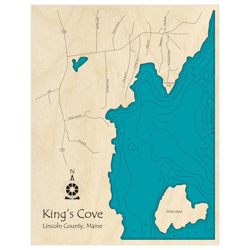 Bathymetric topo map of Kings Cove with McFarlands Point and Witch Island with roads, towns and depths noted in blue water