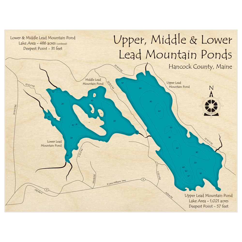Bathymetric topo map of Lead Mountain Ponds (Upper Middle and Lower) with roads, towns and depths noted in blue water