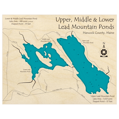 Bathymetric topo map of Lead Mountain Ponds (Upper Middle and Lower) with roads, towns and depths noted in blue water