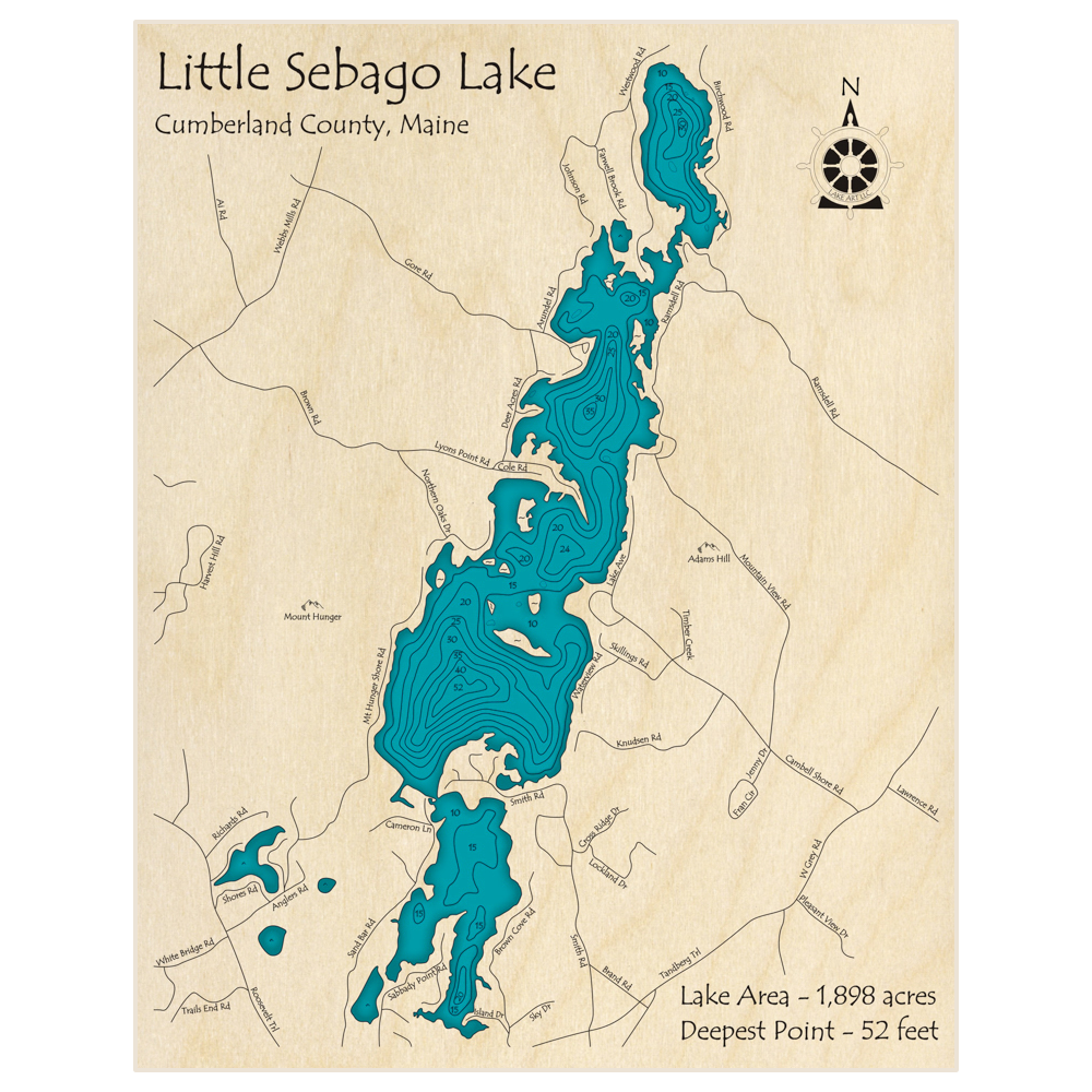 Bathymetric topo map of Little Sebago Lake with roads, towns and depths noted in blue water