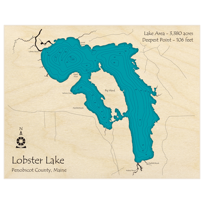 Bathymetric topo map of Lobster Lake with roads, towns and depths noted in blue water