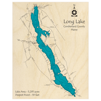 Bathymetric topo map of Long Lake with roads, towns and depths noted in blue water