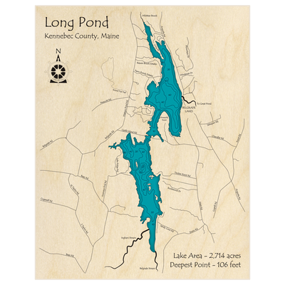 Bathymetric topo map of Long Pond with roads, towns and depths noted in blue water