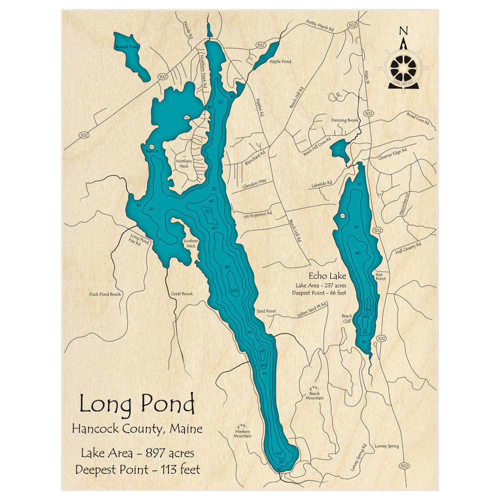 Bathymetric topo map of Long Pond and Echo Lake with roads, towns and depths noted in blue water