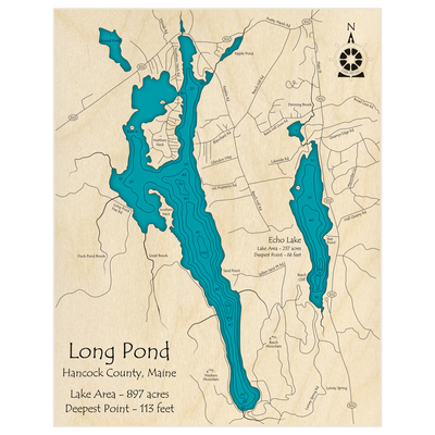 Bathymetric topo map of Long Pond and Echo Lake with roads, towns and depths noted in blue water
