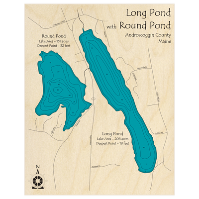 Bathymetric topo map of Long Pond with Round Pond with roads, towns and depths noted in blue water