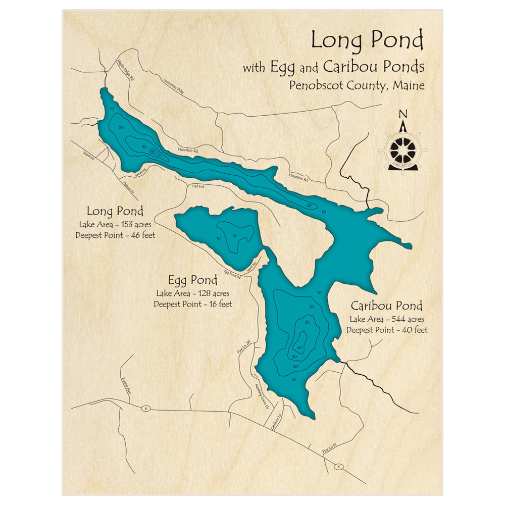 Bathymetric topo map of Long Pond with Egg and Caribou Ponds with roads, towns and depths noted in blue water