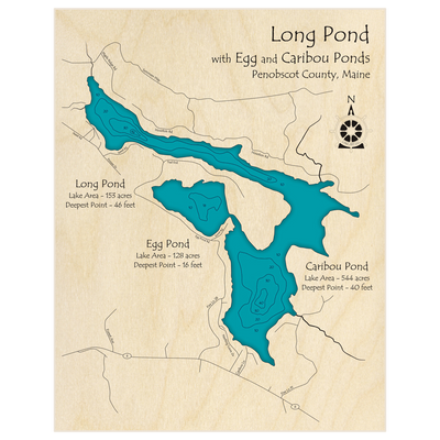 Bathymetric topo map of Long Pond with Egg and Caribou Ponds with roads, towns and depths noted in blue water