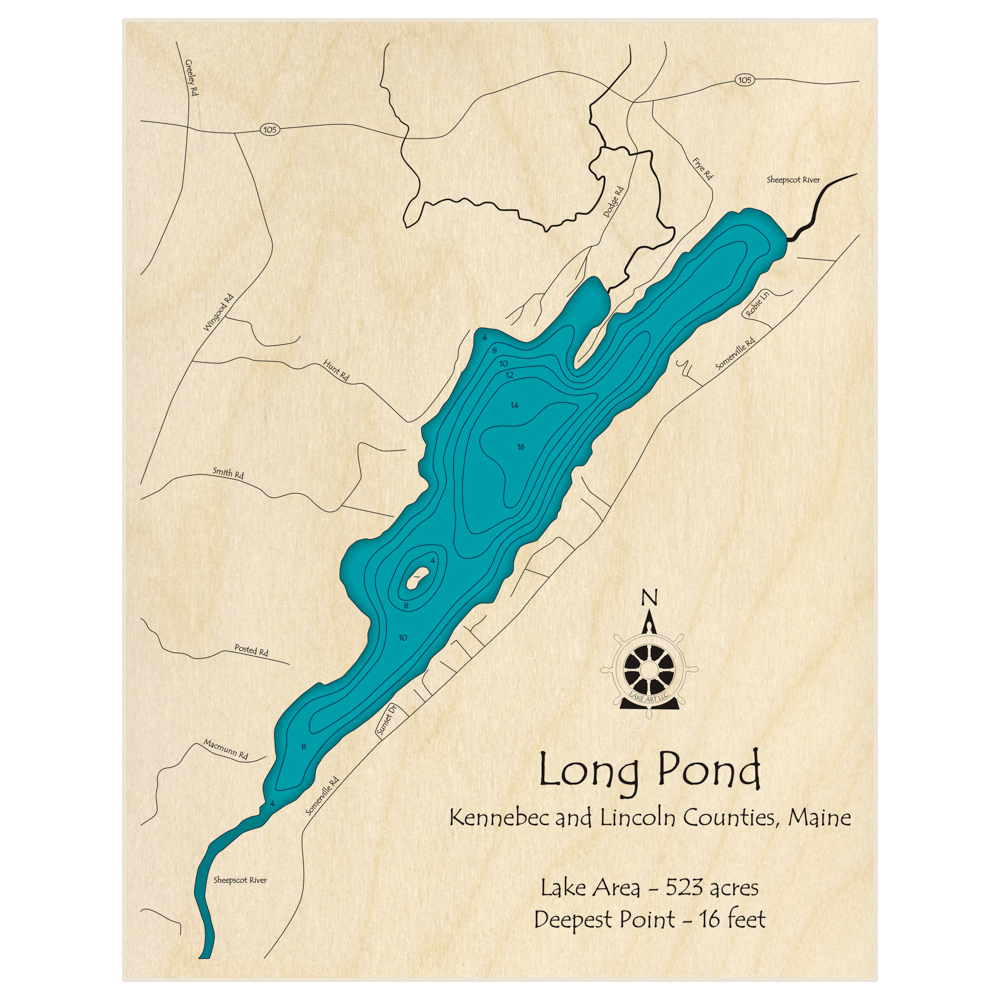 Bathymetric topo map of Long Pond (near Somerville) with roads, towns and depths noted in blue water