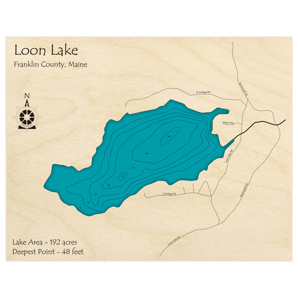 Bathymetric topo map of Loon Lake with roads, towns and depths noted in blue water