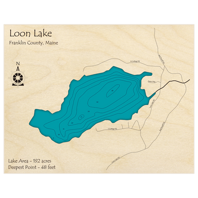 Bathymetric topo map of Loon Lake with roads, towns and depths noted in blue water