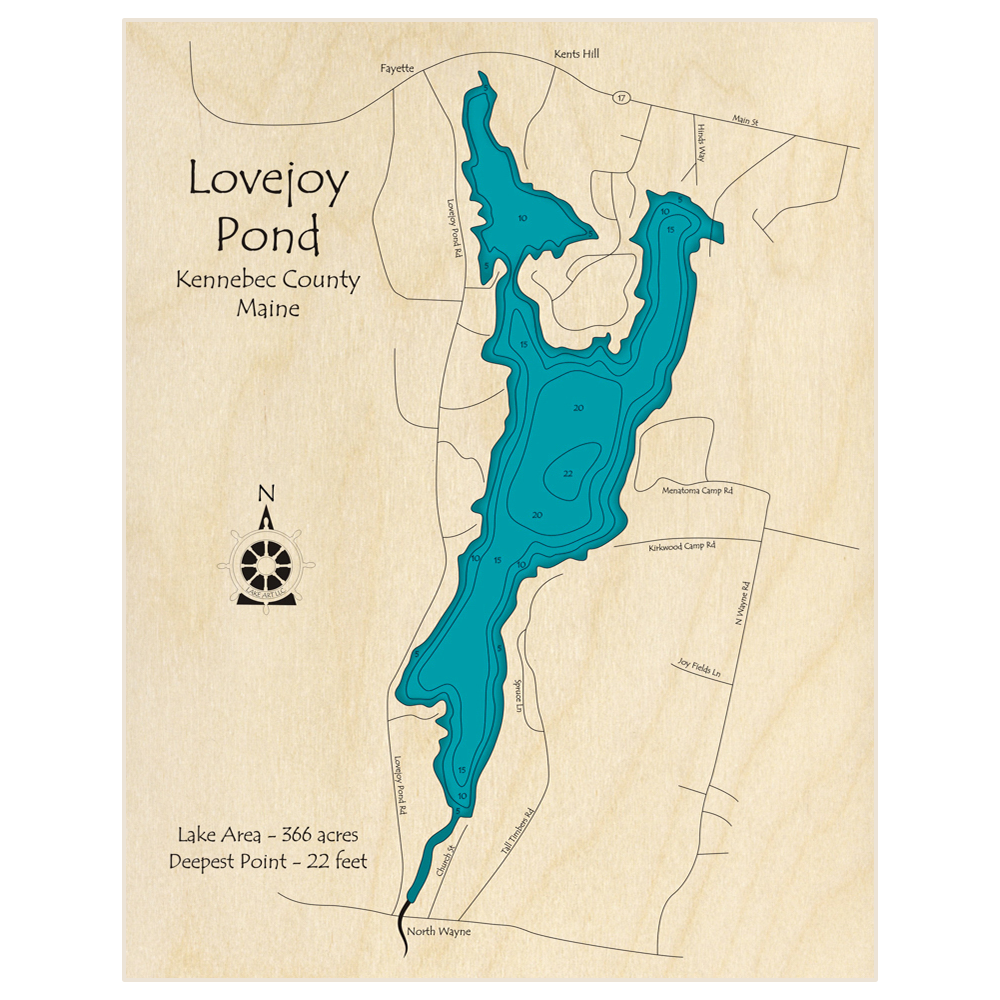 Bathymetric topo map of Lovejoy Pond (Near Fayette) with roads, towns and depths noted in blue water