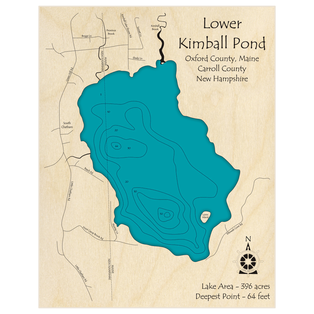 Bathymetric topo map of Lower Kimball Pond with roads, towns and depths noted in blue water