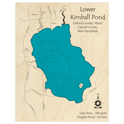 Bathymetric topo map of Lower Kimball Pond with roads, towns and depths noted in blue water