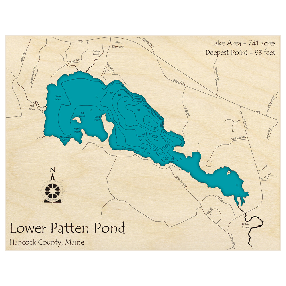 Bathymetric topo map of Lower Patten Pond with roads, towns and depths noted in blue water