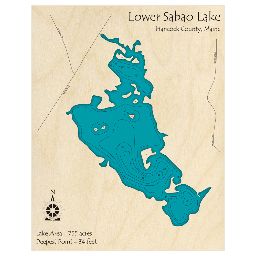 Bathymetric topo map of Lower Sabao Lake with roads, towns and depths noted in blue water