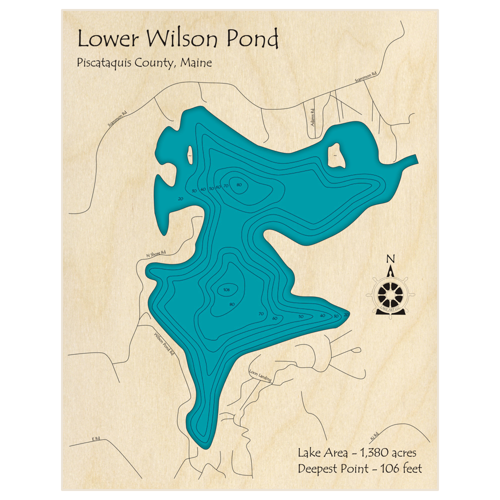 Bathymetric topo map of Lower Wilson Pond with roads, towns and depths noted in blue water