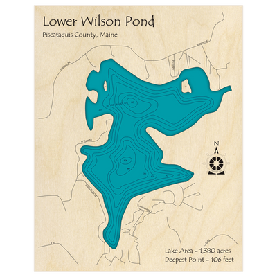 Bathymetric topo map of Lower Wilson Pond with roads, towns and depths noted in blue water