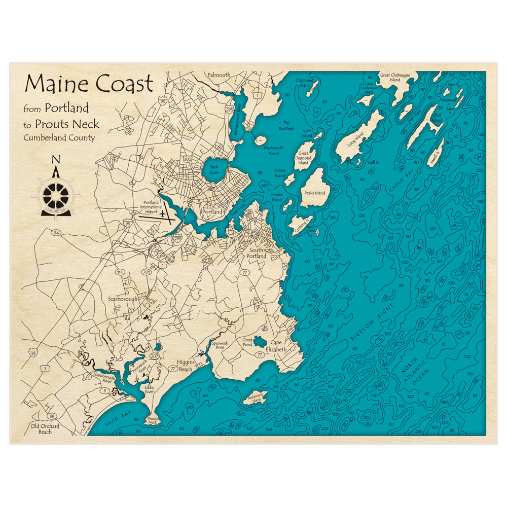 Bathymetric topo map of Coastal Maine (From Portland to Prouts Neck) with roads, towns and depths noted in blue water