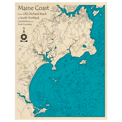 Bathymetric topo map of Maine Coast (Old Orchard Beach to South Portland) with roads, towns and depths noted in blue water