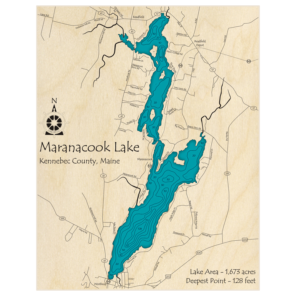 Bathymetric topo map of Maranacook Lake with roads, towns and depths noted in blue water