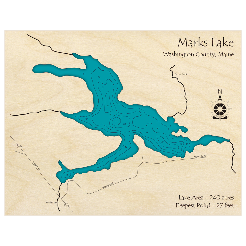 Bathymetric topo map of Marks Lake with roads, towns and depths noted in blue water