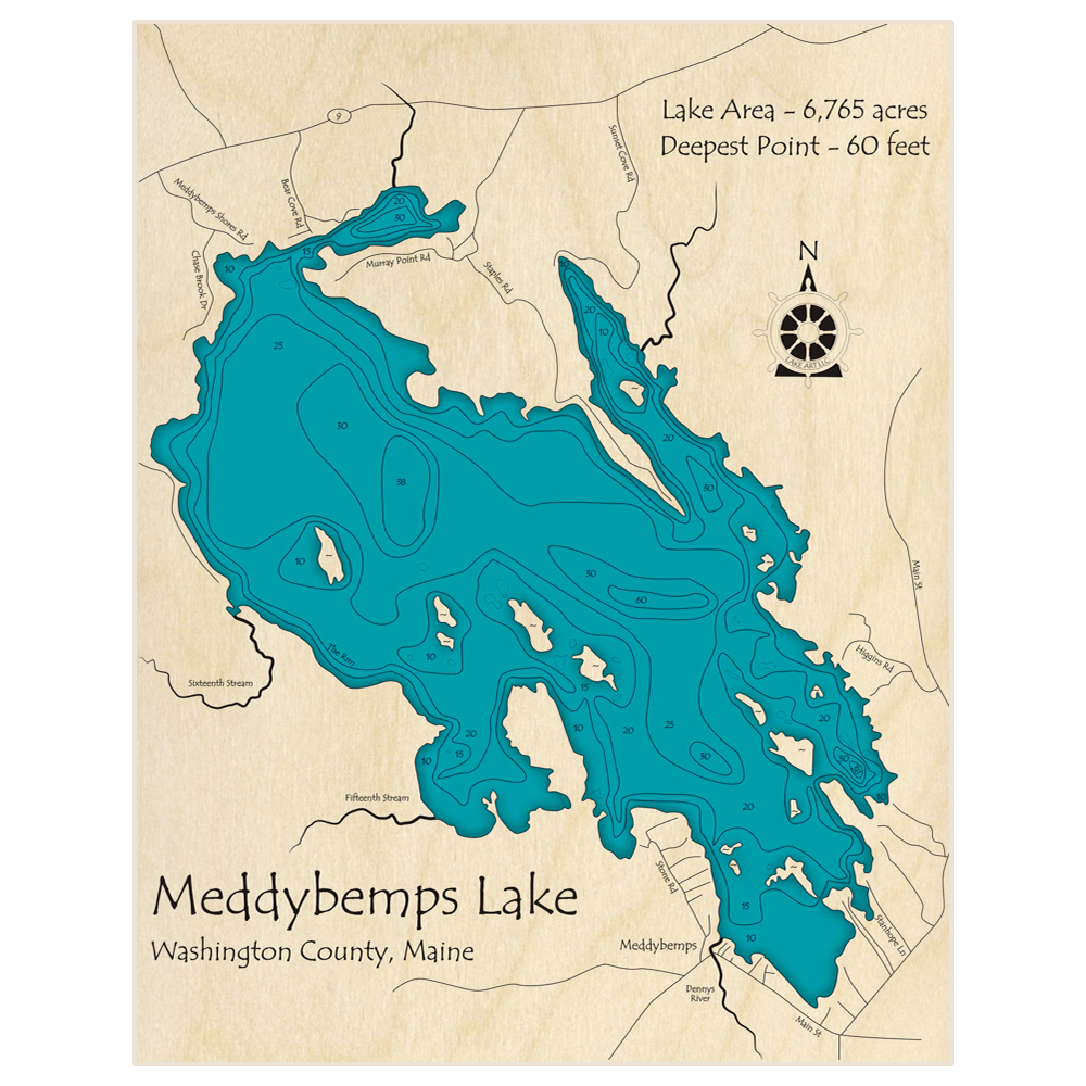 Bathymetric topo map of Meddybemps Lake with roads, towns and depths noted in blue water