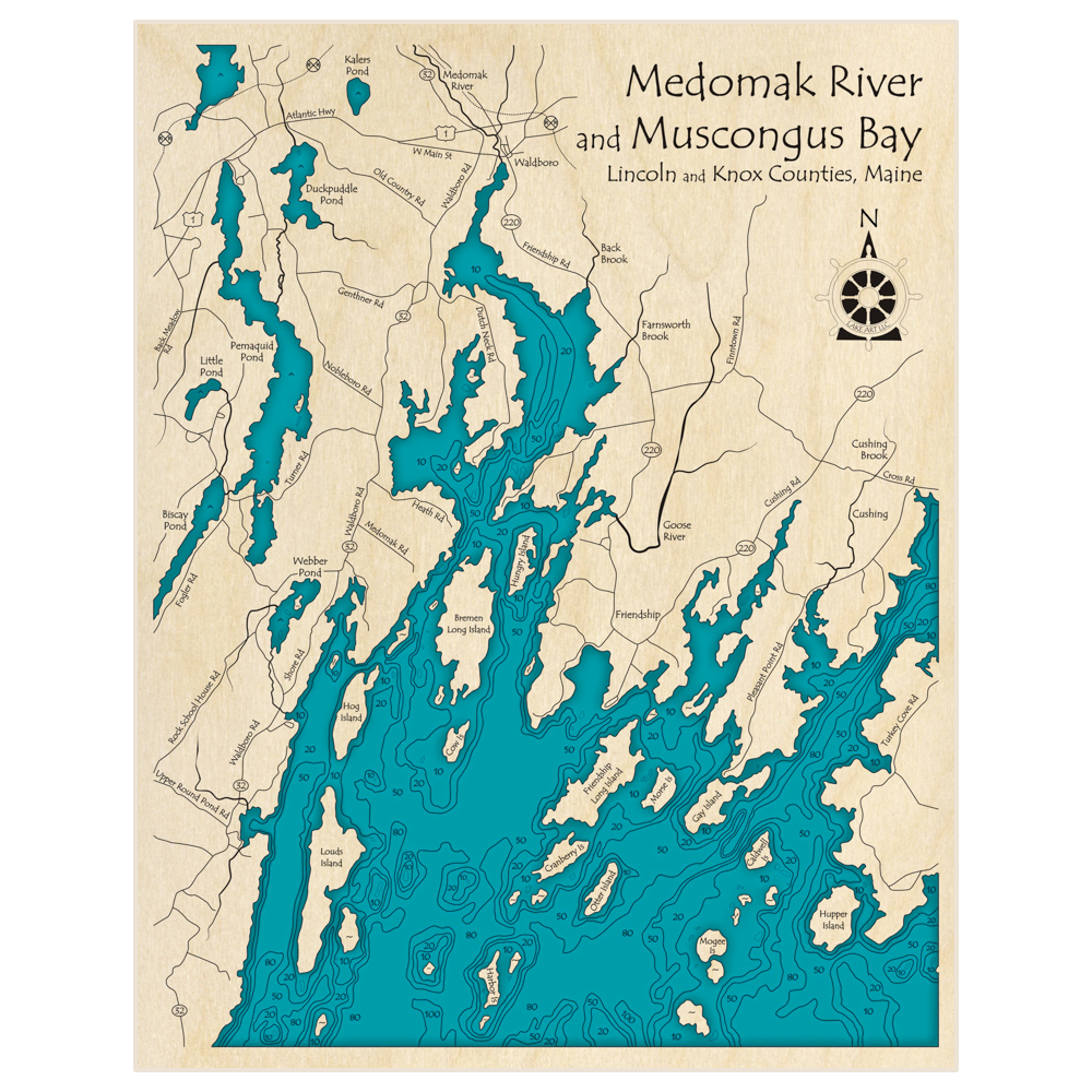 Bathymetric topo map of Medomak River and Muscongus Bay with roads, towns and depths noted in blue water