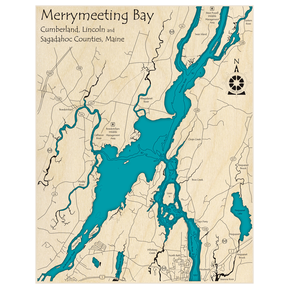 Bathymetric topo map of Merrymeeting Bay with roads, towns and depths noted in blue water