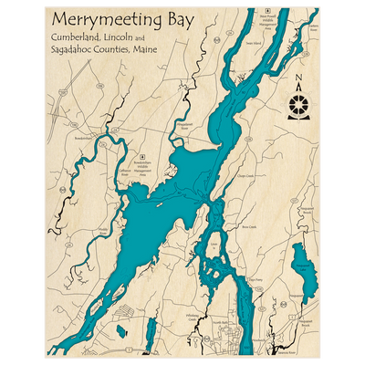 Bathymetric topo map of Merrymeeting Bay with roads, towns and depths noted in blue water