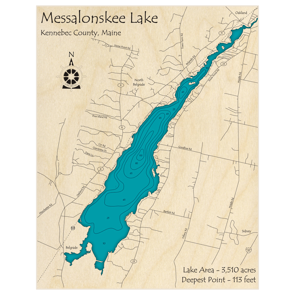 Bathymetric topo map of Messalonskee Lake with roads, towns and depths noted in blue water