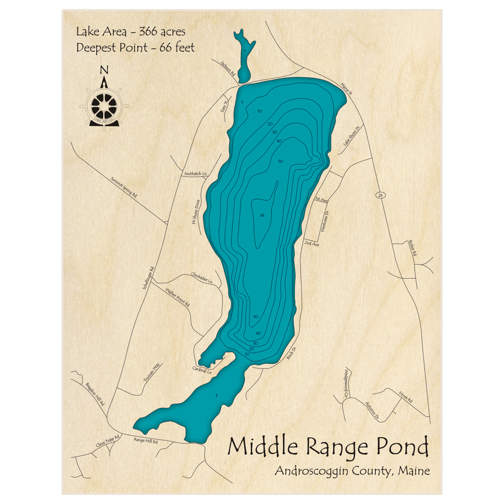 Bathymetric topo map of Middle Range Pond with roads, towns and depths noted in blue water