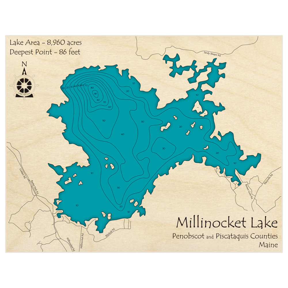 Bathymetric topo map of Millinocket Lake with roads, towns and depths noted in blue water