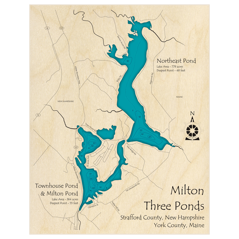 Bathymetric topo map of Milton Three Ponds - (Milton Pond Townhouse Pond and Northeast Pond) with roads, towns and depths noted in blue water