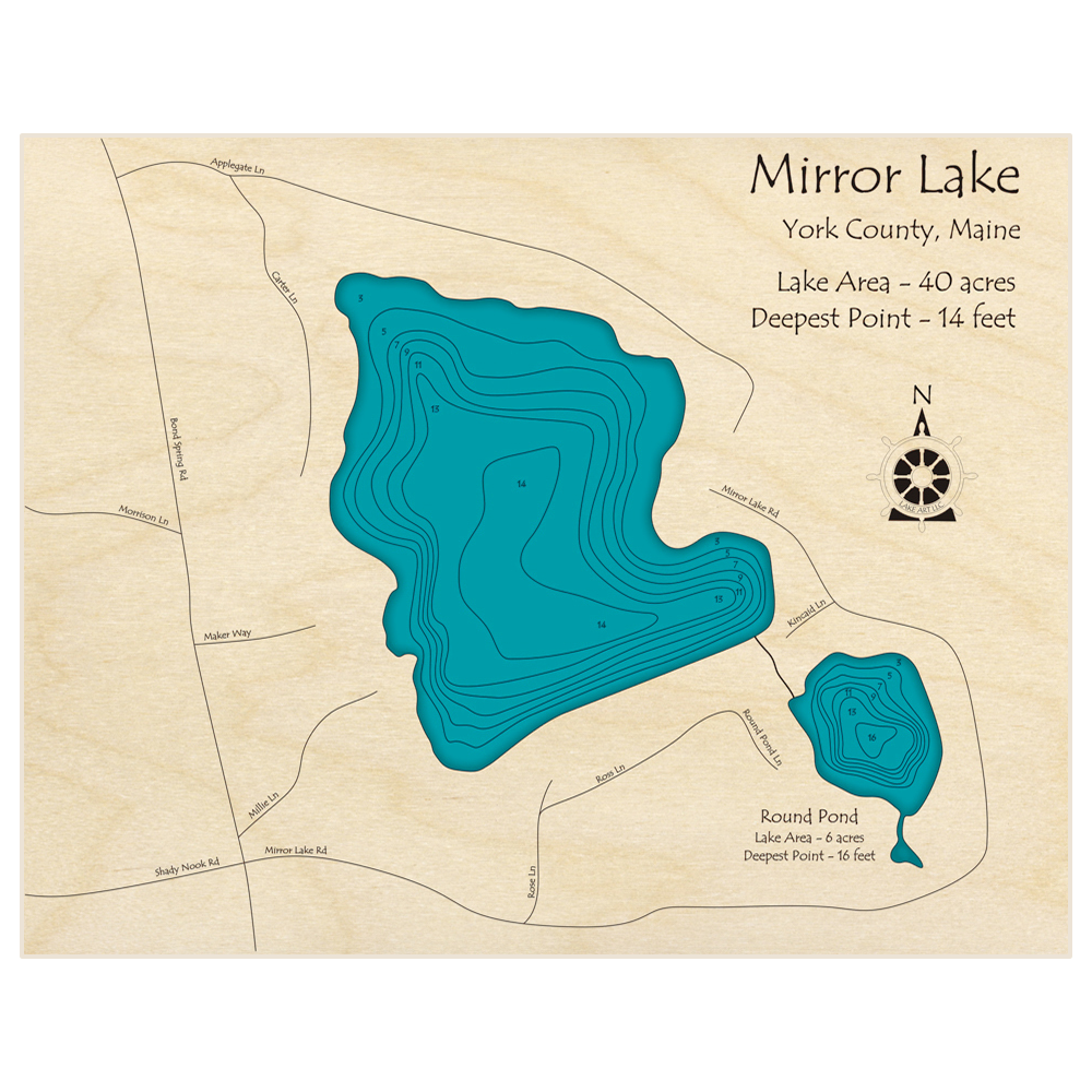 Bathymetric topo map of Mirror Lake with roads, towns and depths noted in blue water