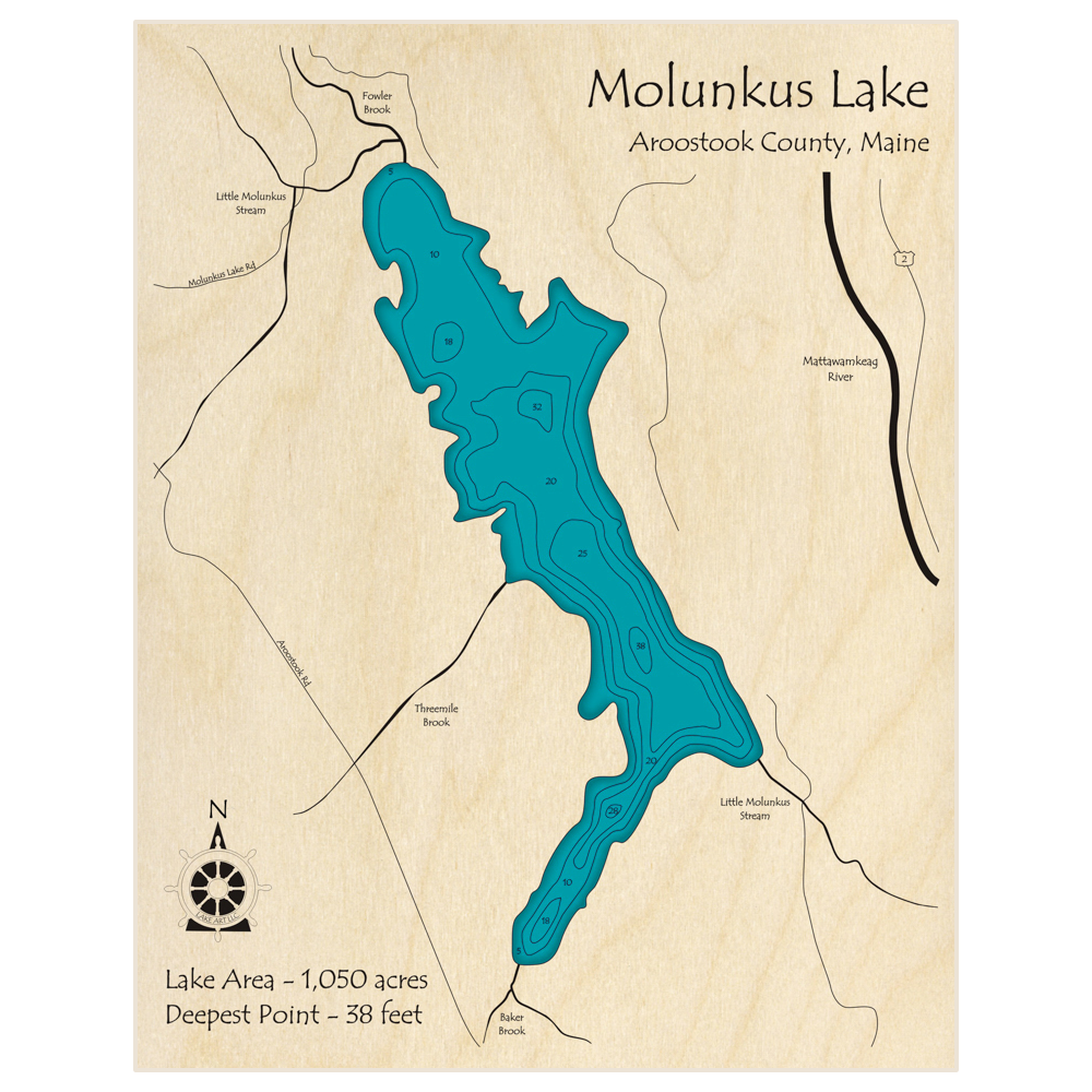 Bathymetric topo map of Molunkus Lake with roads, towns and depths noted in blue water