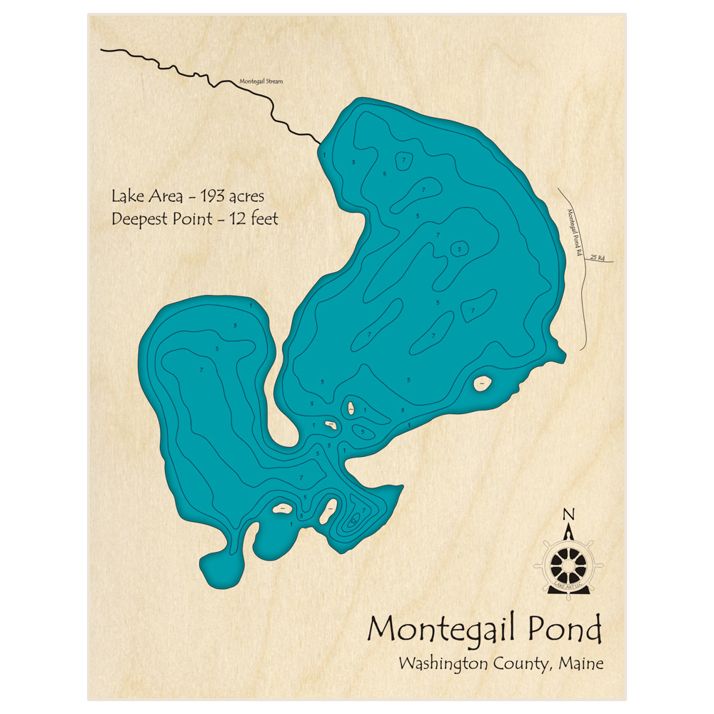 Bathymetric topo map of Montegail Pond with roads, towns and depths noted in blue water