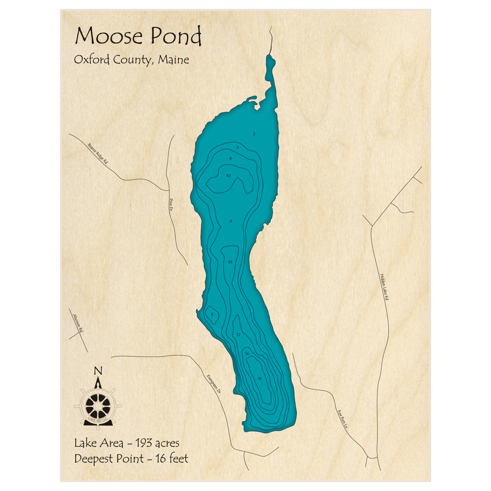 Bathymetric topo map of Moose Pond with roads, towns and depths noted in blue water