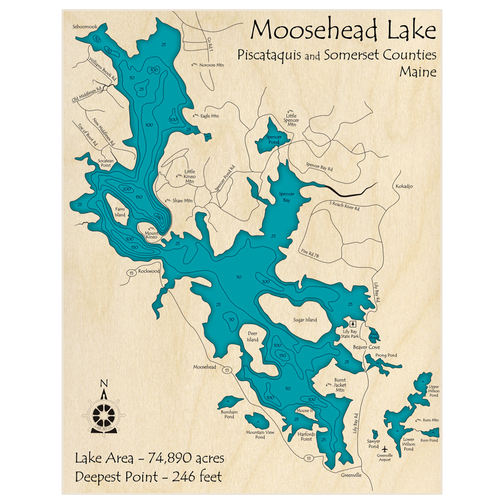 Bathymetric topo map of Moosehead Lake with roads, towns and depths noted in blue water