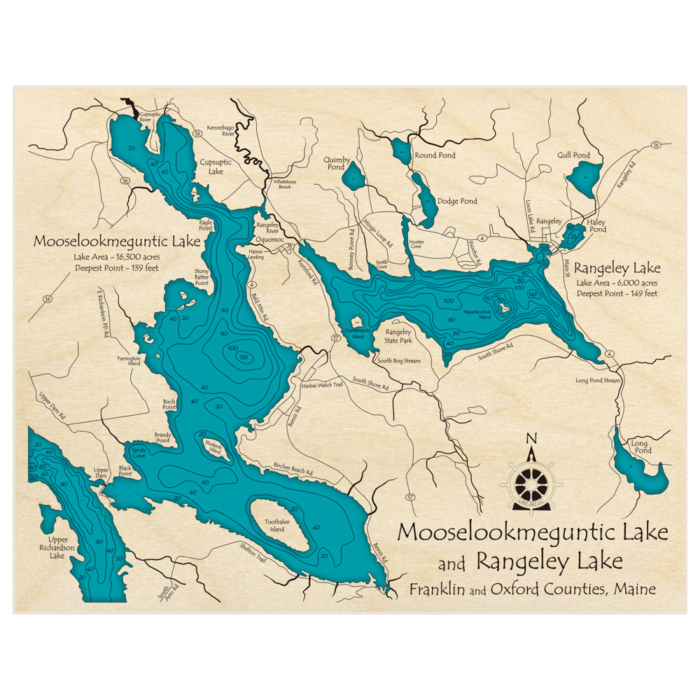 Bathymetric topo map of Mooselookmeguntic and Rangeley Lakes with roads, towns and depths noted in blue water