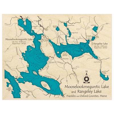 Bathymetric topo map of Mooselookmeguntic and Rangeley Lakes with roads, towns and depths noted in blue water