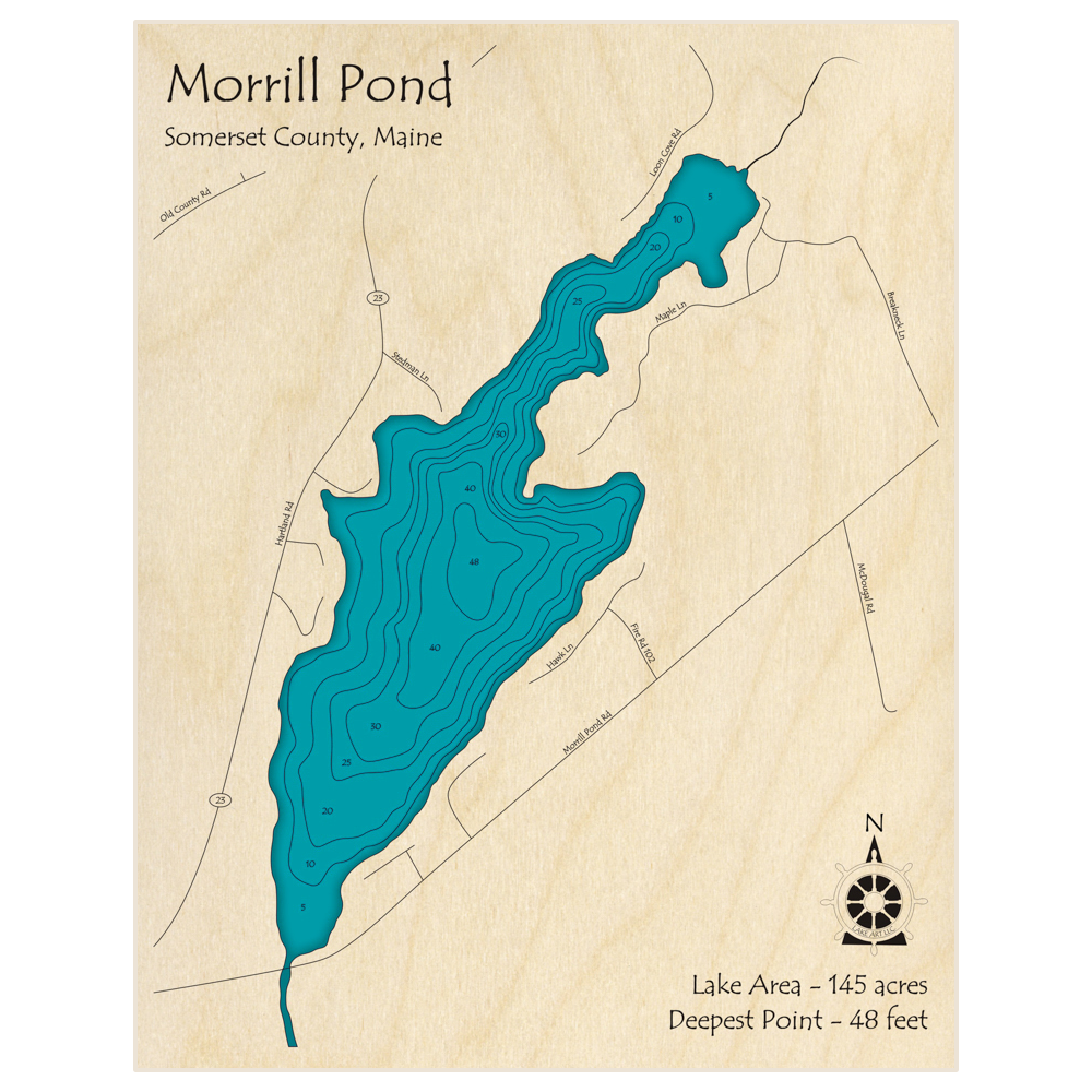 Bathymetric topo map of Morrill Pond with roads, towns and depths noted in blue water