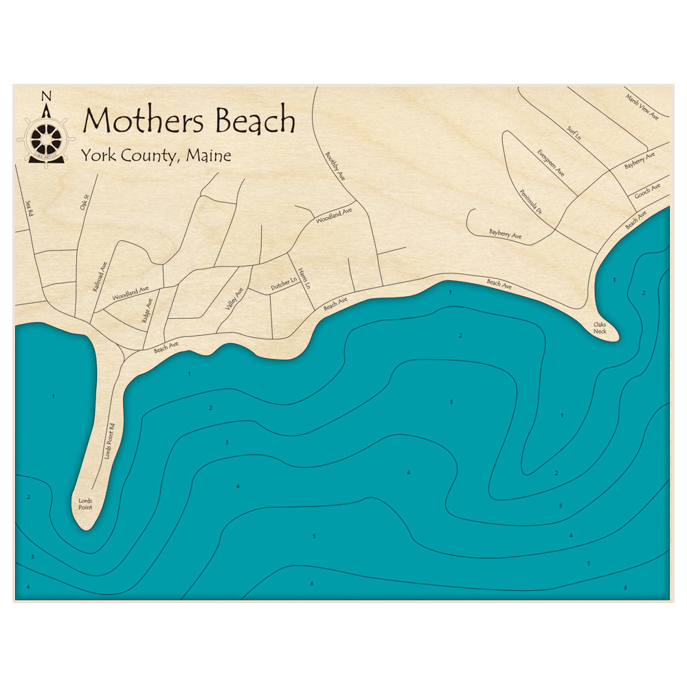 Bathymetric topo map of Mothers Beach with roads, towns and depths noted in blue water