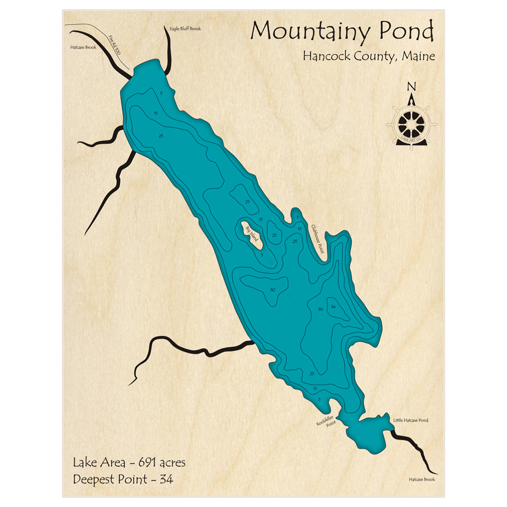 Bathymetric topo map of Mountainy Pond with roads, towns and depths noted in blue water