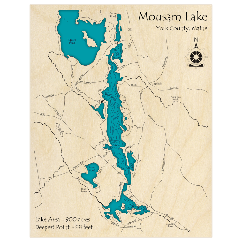 Bathymetric topo map of Mousam Lake with roads, towns and depths noted in blue water