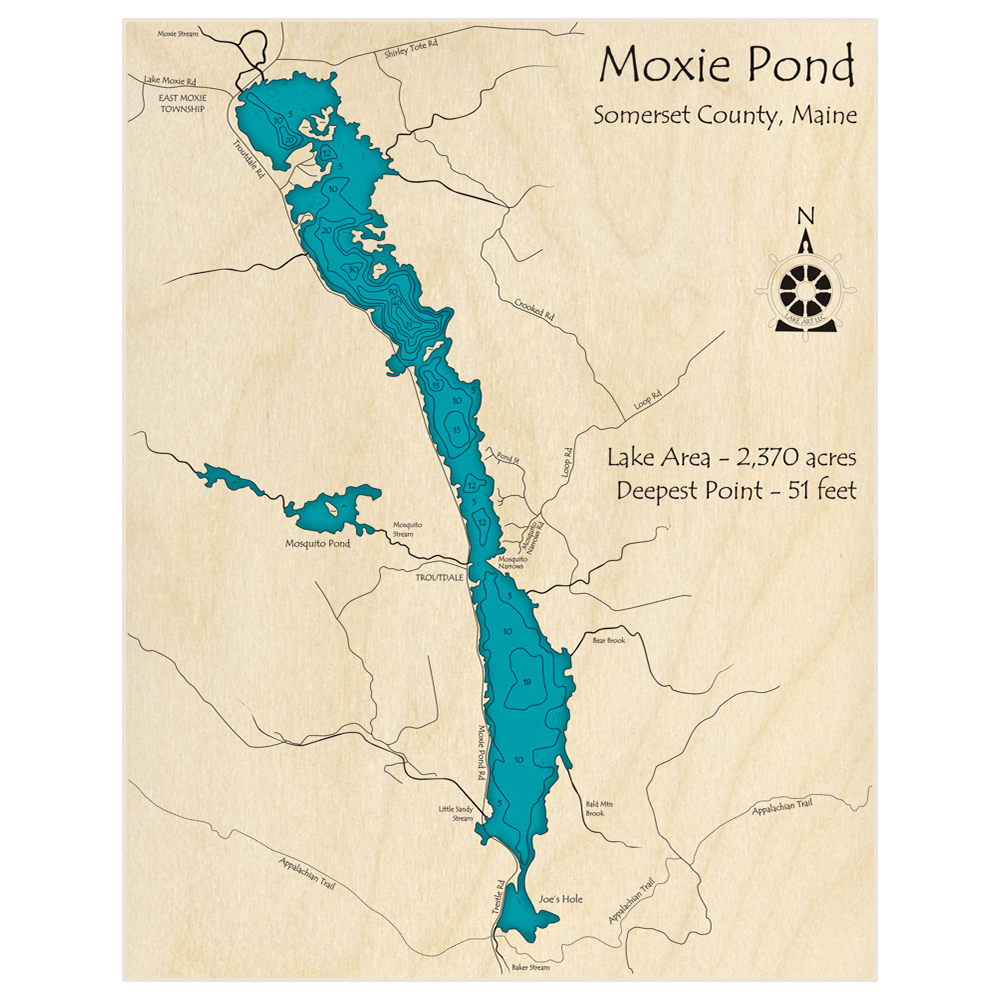 Bathymetric topo map of Moxie Pond with roads, towns and depths noted in blue water