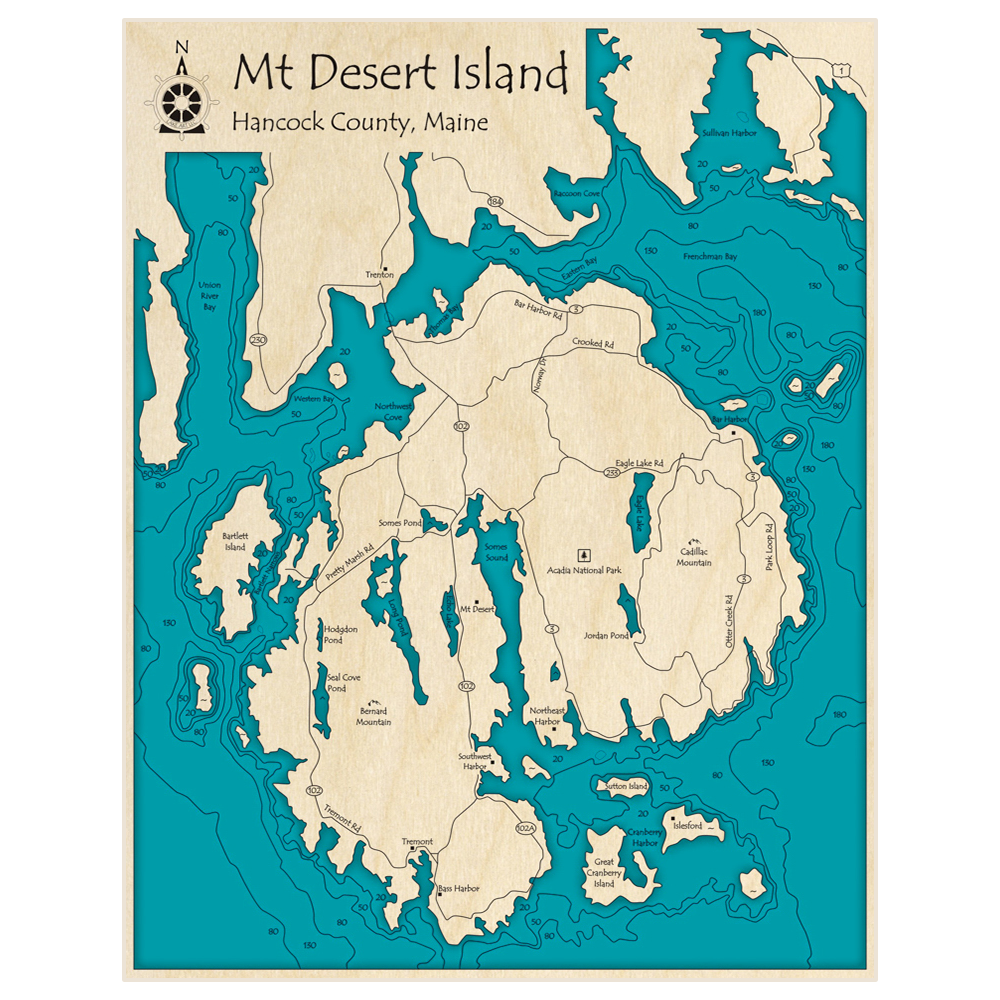 Bathymetric topo map of Mt Desert Island with roads, towns and depths noted in blue water