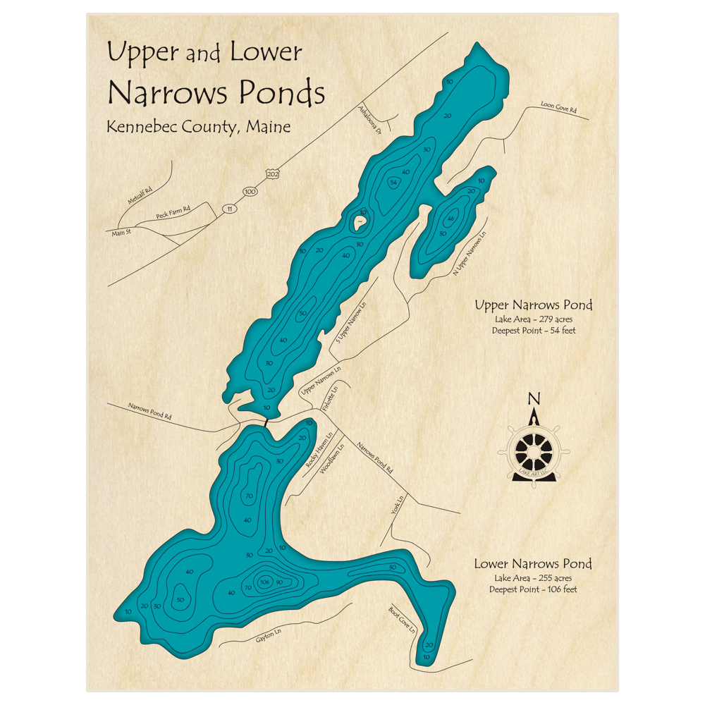 Bathymetric topo map of Narrows Pond (Upper and Lower) with roads, towns and depths noted in blue water